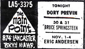 Promotional ad for the 30 and 31 Oct 1973 shows at The Main Point, Bryn Mawr, PA