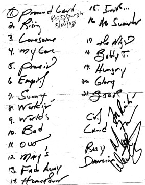 Handwritten setlist for the 06 Aug 2003 show at PNC Park, Pittsburgh, PA
