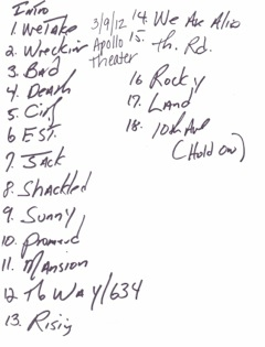 Handwritten setlist for the 09 Mar 2012 show at Apollo Theater, New York City, NY