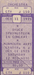 Ticket stub for the 11 Oct 1975 show at Monmouth Arts Center, Red Bank, NJ