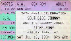 Ticket stub for the 16 Jul 1994 show at The Stone Pony Tent, Asbury Park, NJ