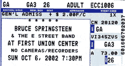 Ticket stub for the 06 Oct 2002 show at First Union Center, Philadelphia, PA