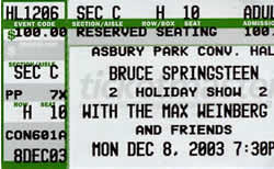 Ticket stub for the 08 Dec 2003 show at Asbury Park Convention Hall, Asbury Park, NJ