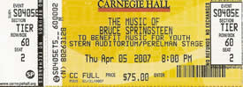 Ticket stub for the 05 Apr 2007 show at Carnegie Hall, New York City, NY