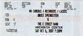 Ticket stub for the 06 Oct 2007 show at Wachovia Center, Philadelphia, PA